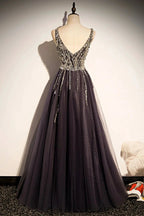 Stylish v neck tulle long prom dress A line evening dress s76