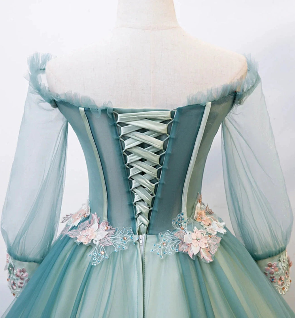 Green tulle lace long ball gown dress formal dress s107