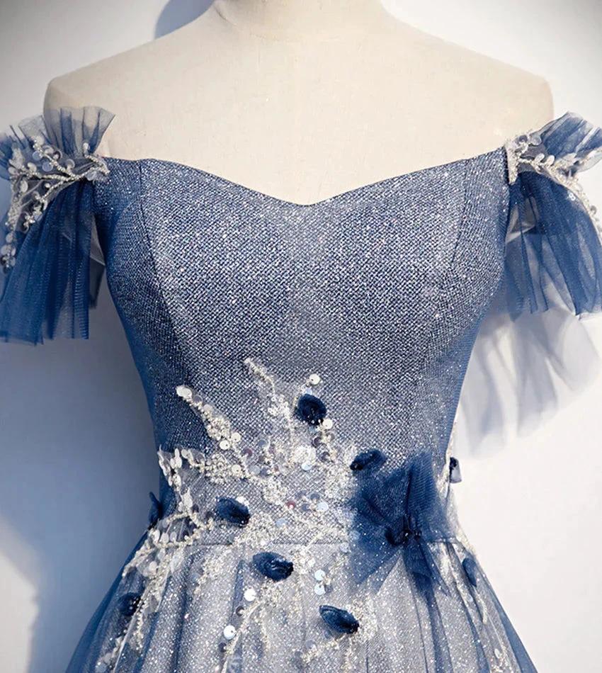 Shiny tulle sequins long prom dress blue evening dress s102