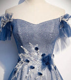 Shiny tulle sequins long prom dress blue evening dress s102