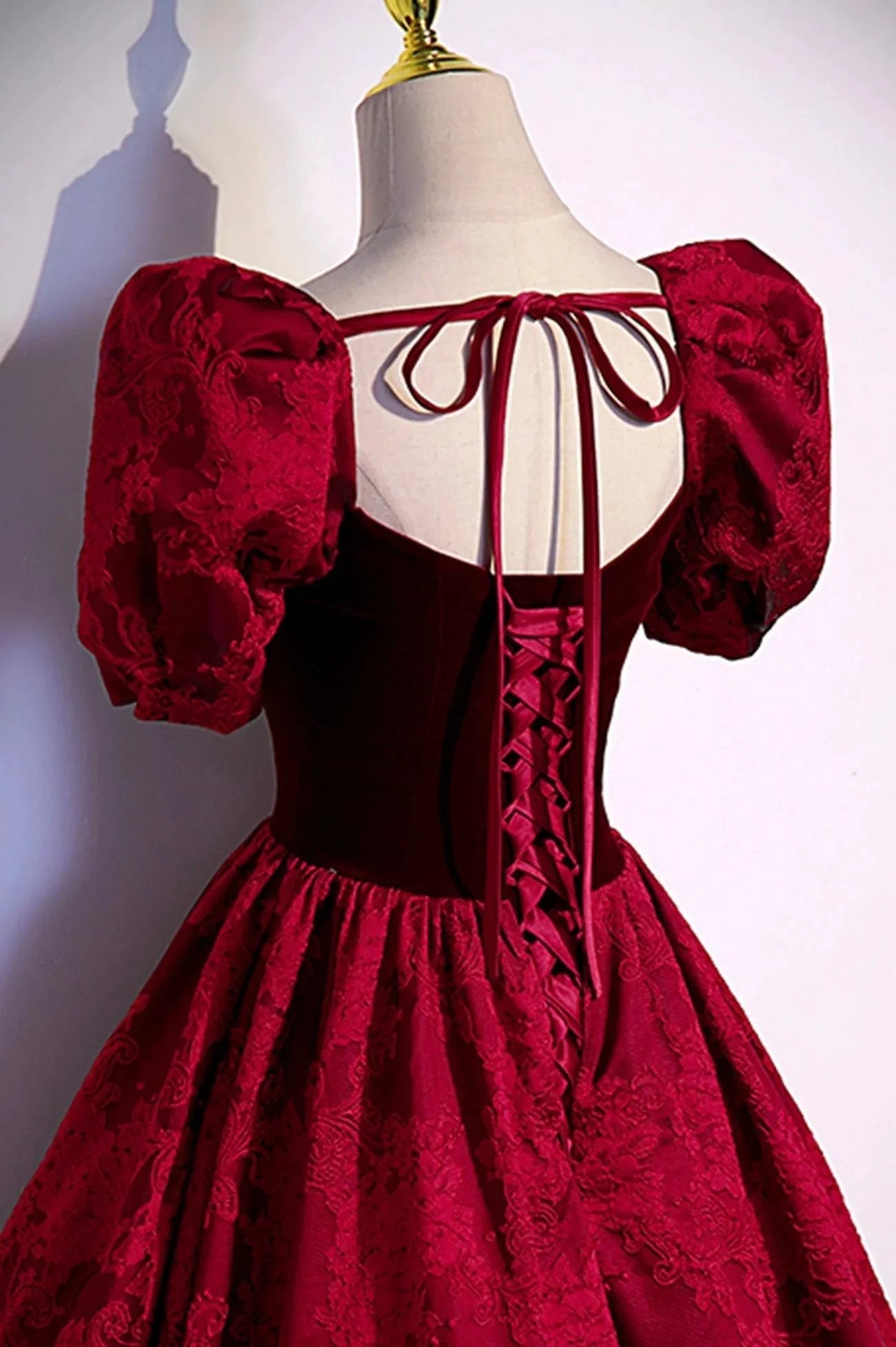 Burgundy velvet jacquard long prom dress evening dress s89