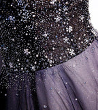 Purple v neck tulle beads long prom dress evening dress s104