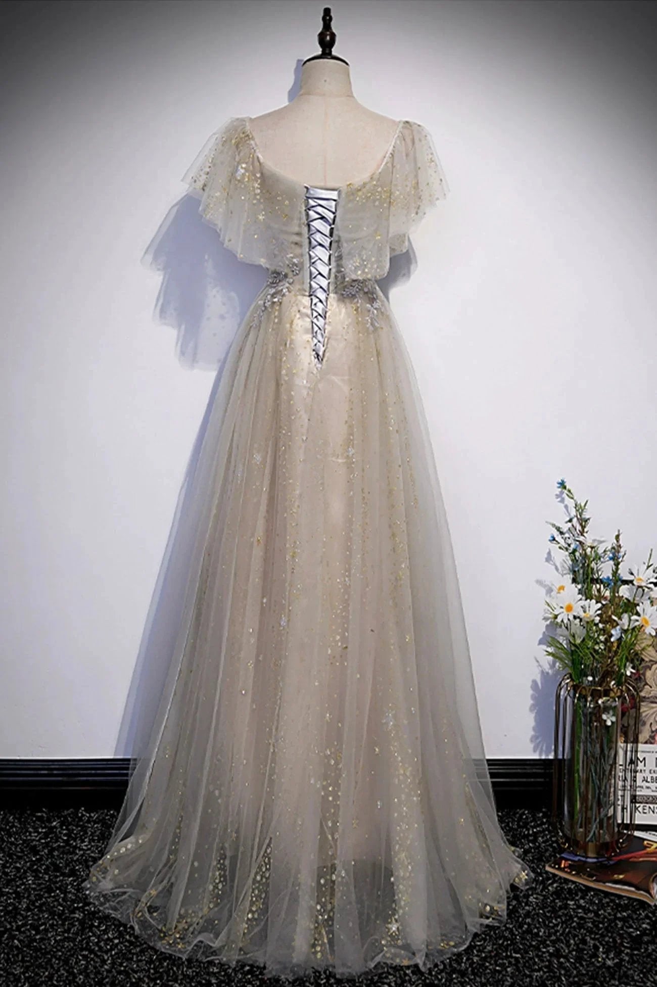Cute tulle sequins long prom dress evening dress s60