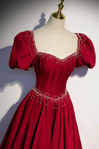 Burgundy A-line satin long prom dress evening dress s85