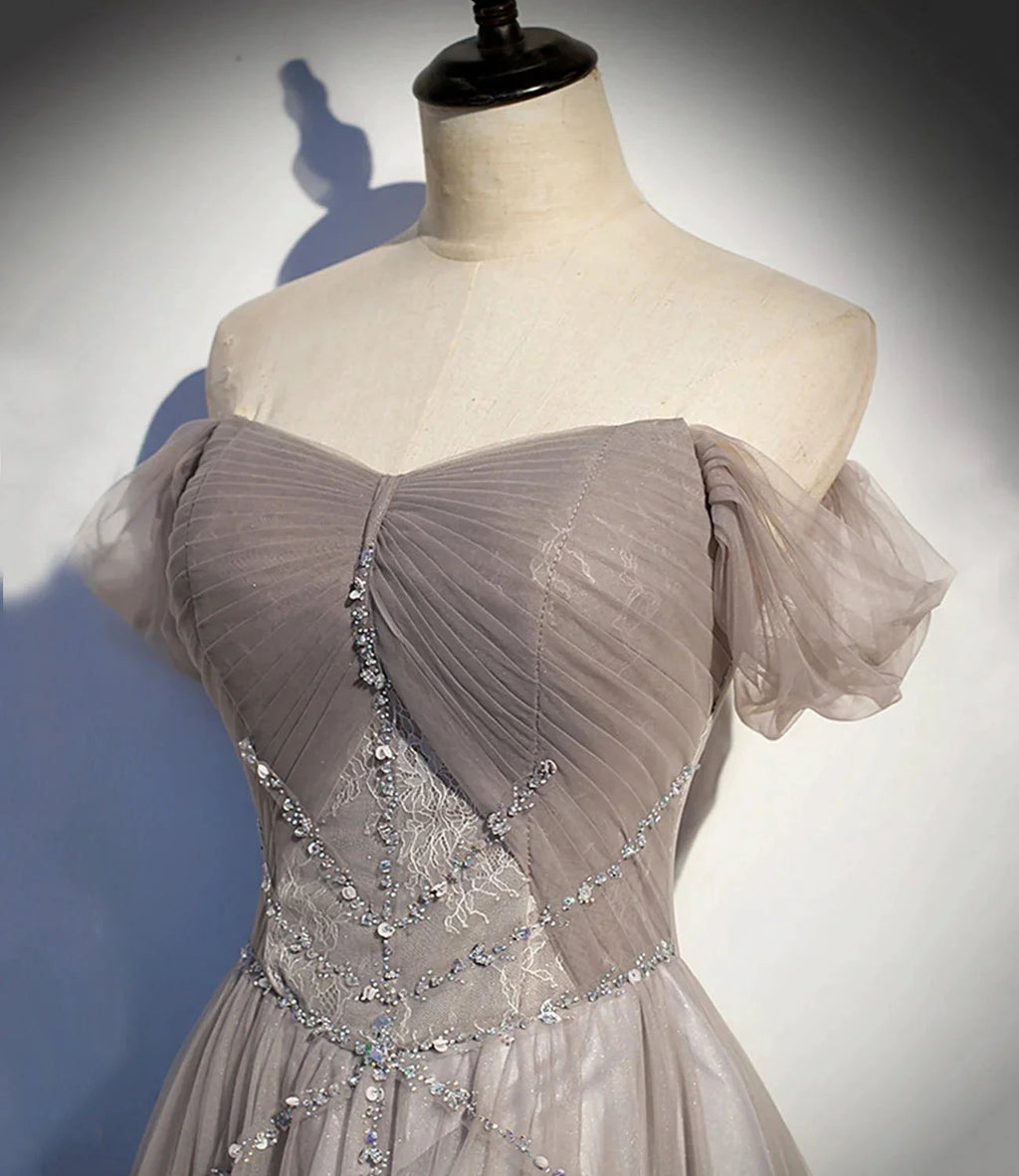 Elegant tulle lace long prom dress A line evening gown s67