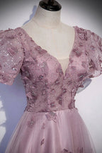 Pink tulle sequins long prom dress pink evening dress s61