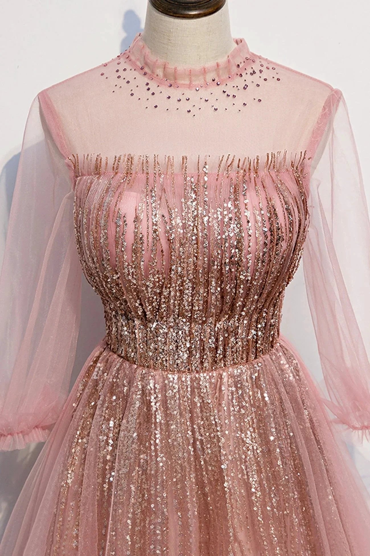 Pink tulle sequins long prom dress pink evening dress s109