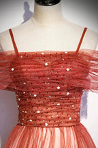 Burgundy tulle long A line prom dress evening dress s75