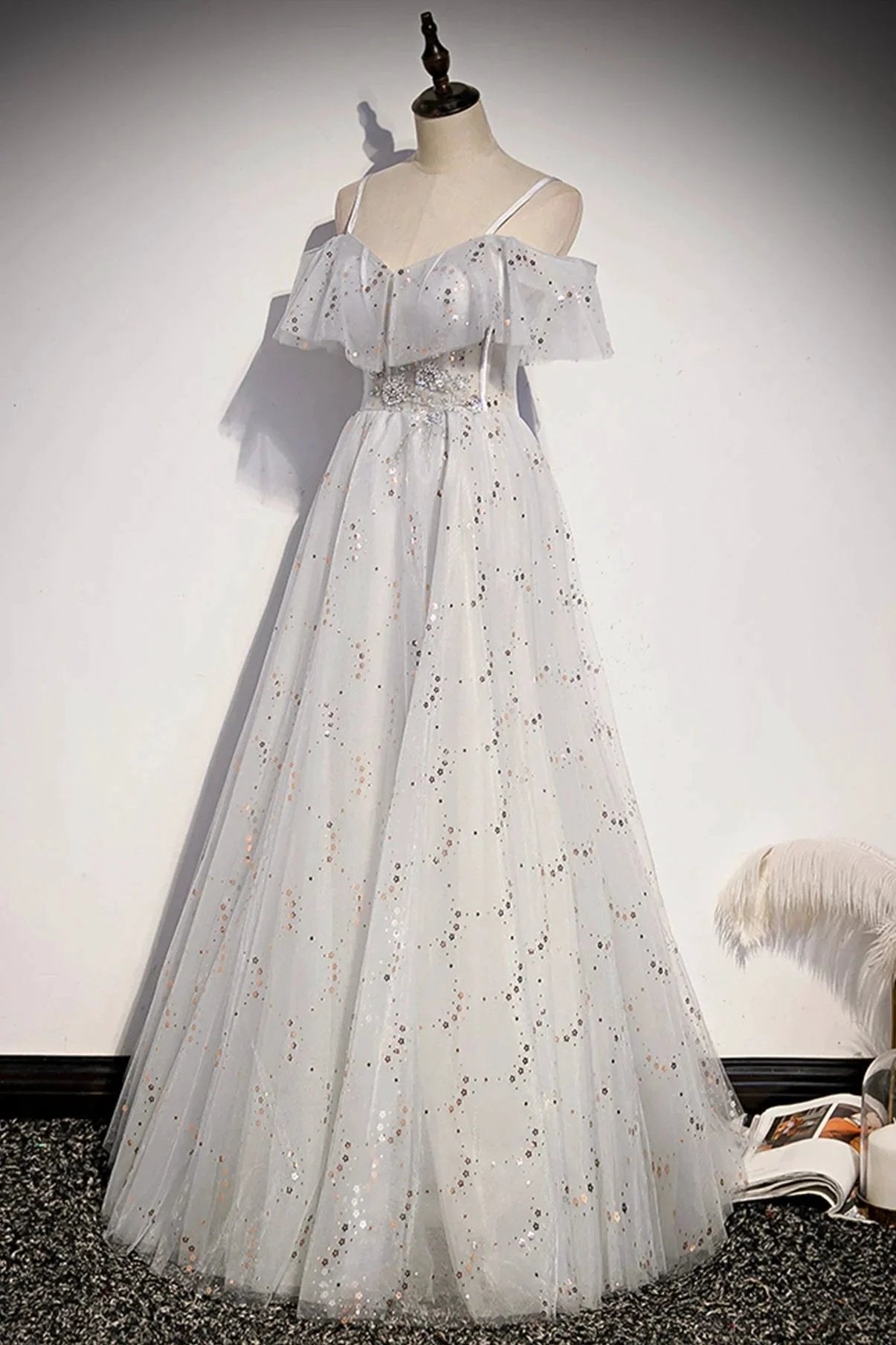 Stylish tulle sequins long A line prom dress evening dress s71