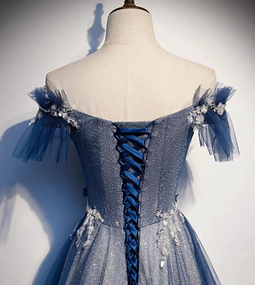 Shiny tulle sequins long prom dress blue evening dress s102