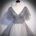 Gray tulle sequins long prom dress A line evening gown s65