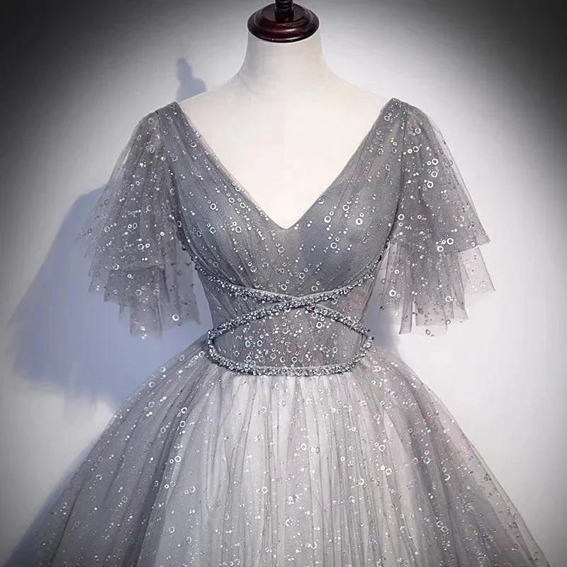 Gray tulle sequins long prom dress A line evening gown s65