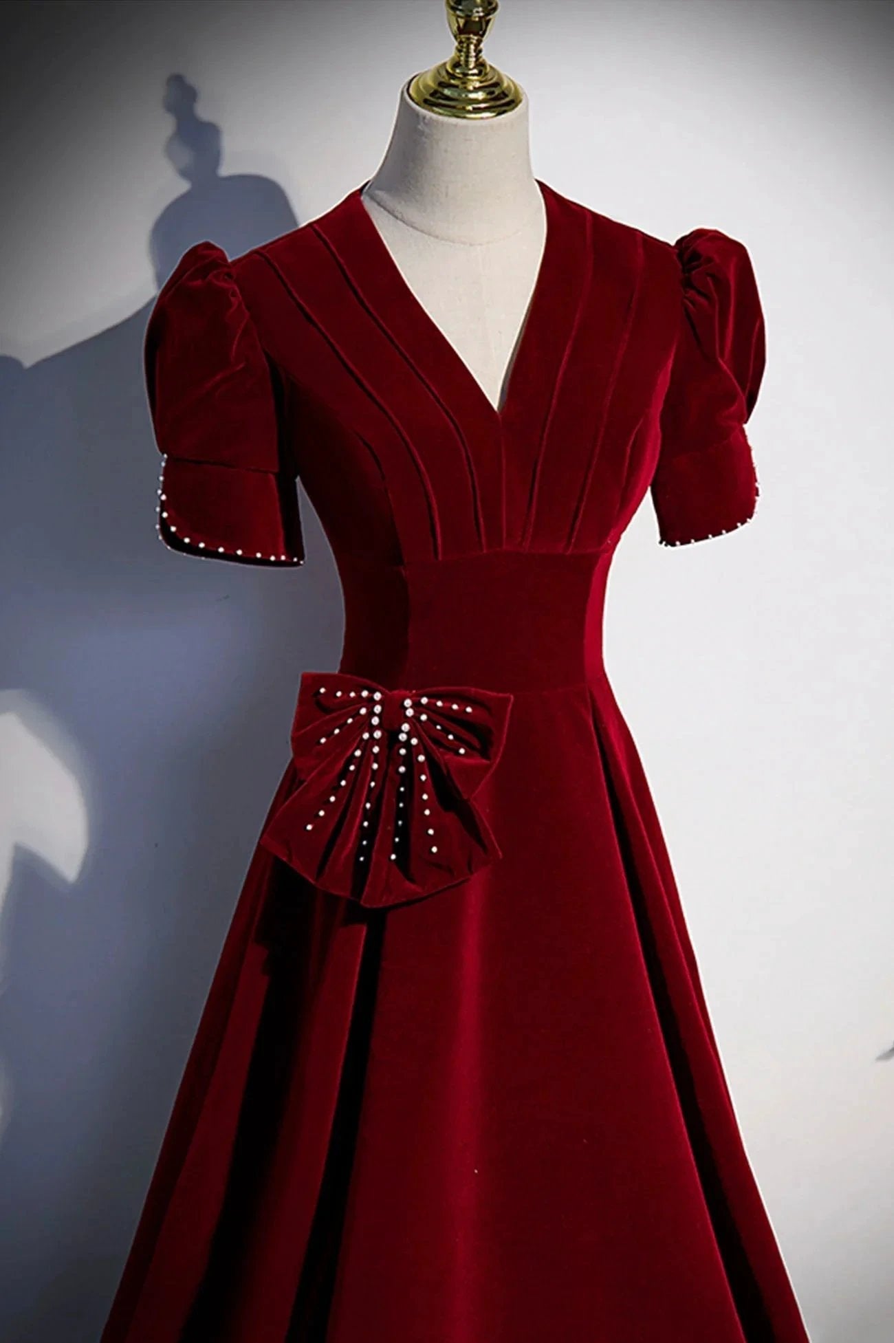 Burgundy v neck long prom dress A line evening dress s54