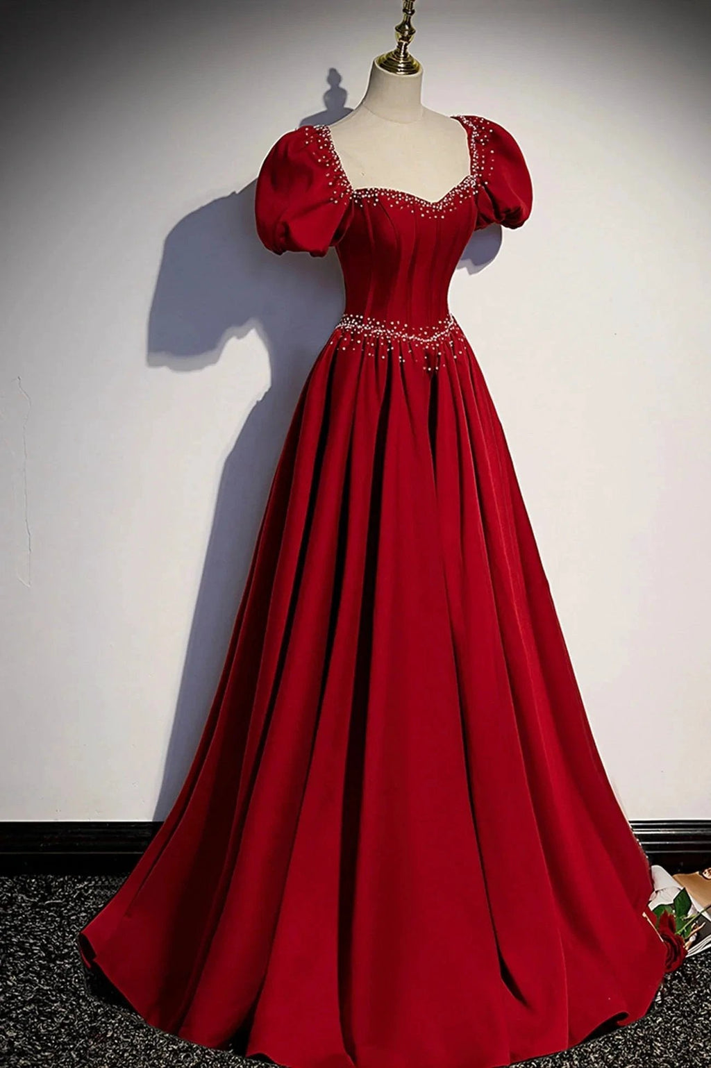 Burgundy A-line satin long prom dress evening dress s85