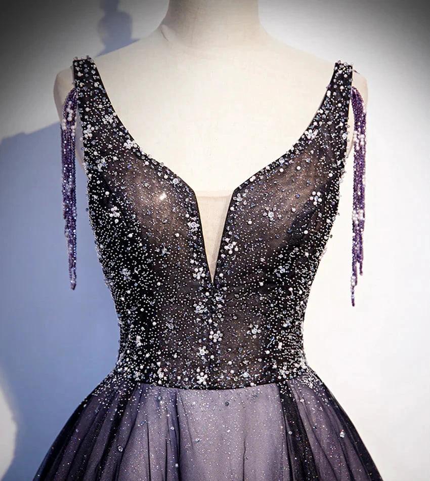 Purple v neck tulle beads long prom dress evening dress s104