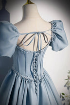 Blue satin pearl long prom dress blue evening dress s52