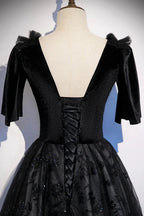 Black velvet lace long prom dress evening dress s103