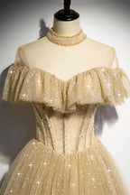 Gold A line sequins long ball gown dress formal dress s78