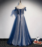 Shiny tulle sequins long prom dress blue evening dress s102