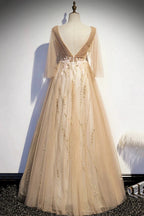 Champagne v neck lace long prom dress A line evening dress s77