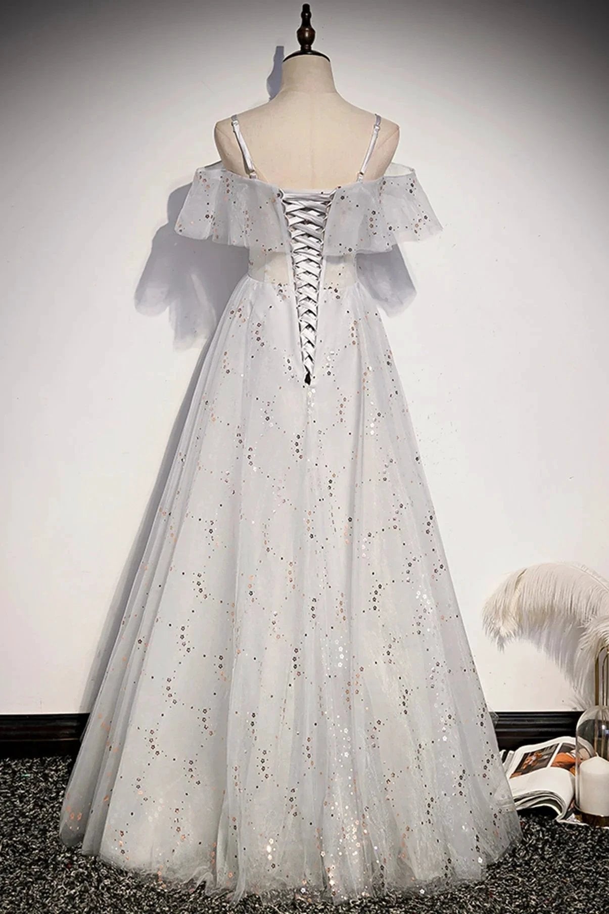 Stylish tulle sequins long A line prom dress evening dress s71