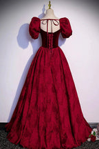 Burgundy velvet jacquard long prom dress evening dress s89