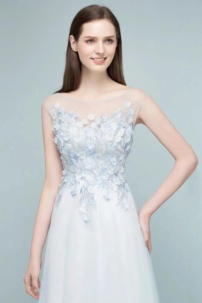Floor Length A-line Sleeveless Appliqued Flowers Tulle Prom Dresses