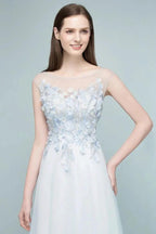 Floor Length A-line Sleeveless Appliqued Flowers Tulle Prom Dresses