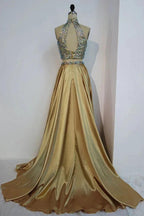 Floor Length A-line Two-piece Halter Prom Dresses with Crystals