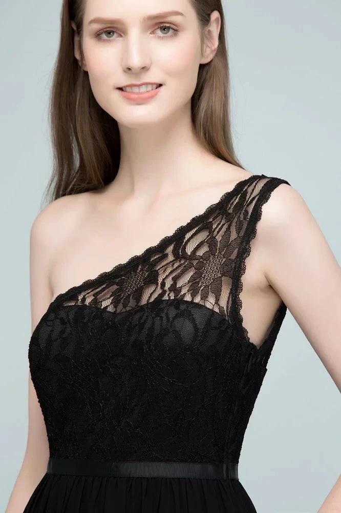 Floor Length Lace Chiffon A-line One-shoulder Bridesmaid Dresses with Sash