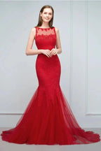 Floor Length Mermaid Illusion Neckline Sleeveless Tulle Lace Prom Dresses
