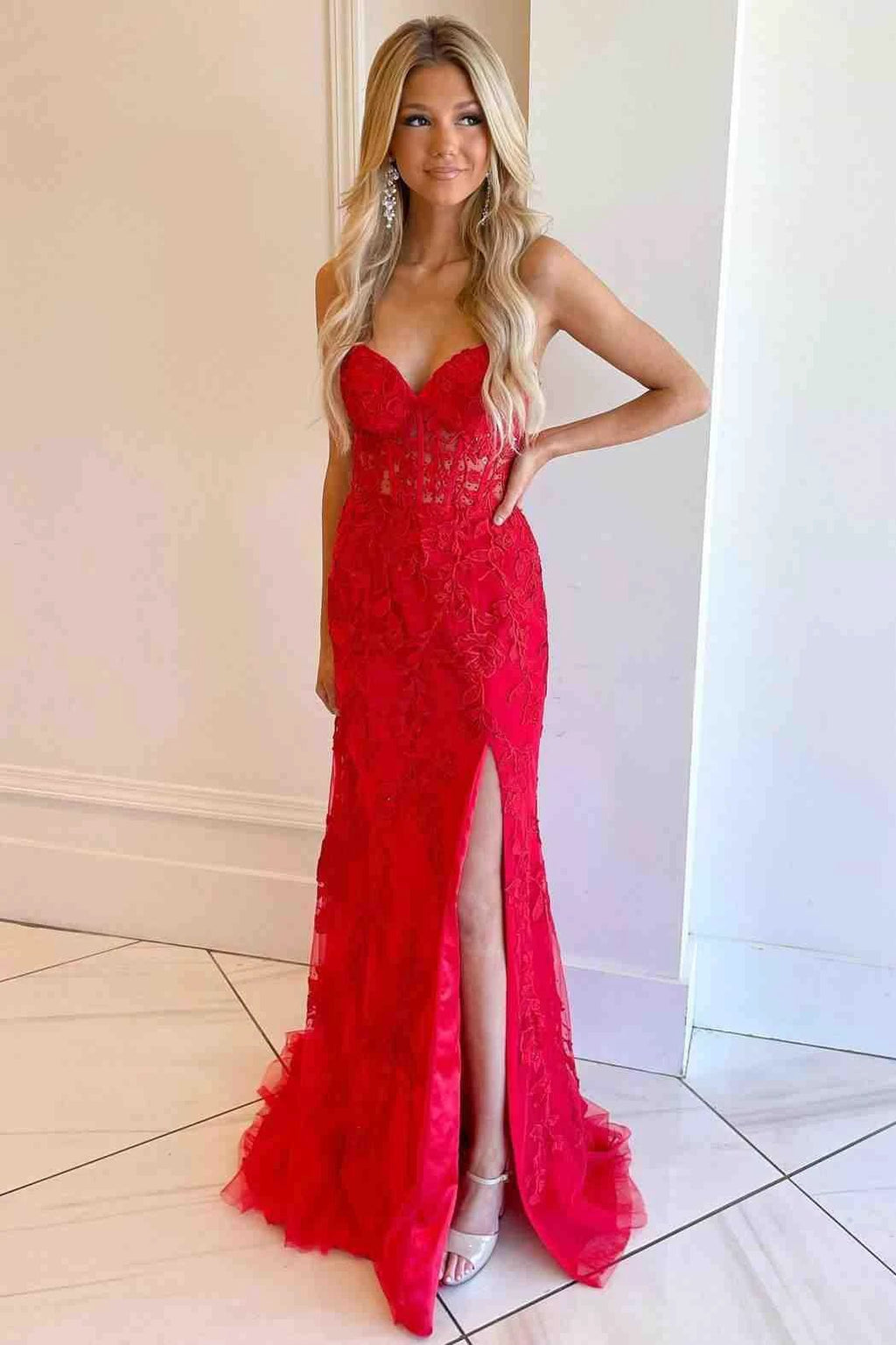 Nyomi |Mermaid Strapless Corset Lace Prom Dress with Slit