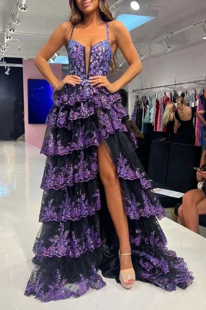 Martha | Straps Fuchsia Sequin Layered Formal Dress with Slit