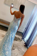 Margaret | Straps Light Blue V-Neck Sequin Appliques Mermaid Prom Dress