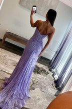 Mandy | Lavender Strapless Lace Ruched Mermaid Prom Dress with Slit