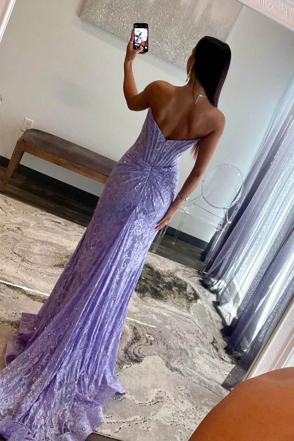 Mandy | Lavender Strapless Lace Ruched Mermaid Prom Dress with Slit