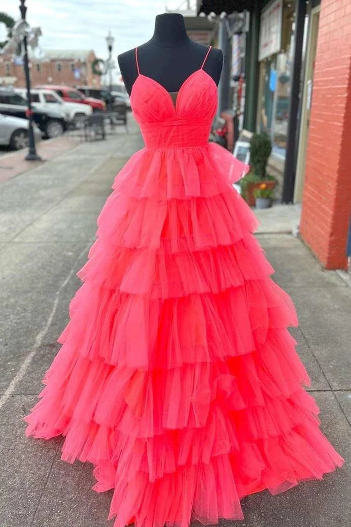 Lavender V-Neck Ruffle Tiered Long Prom Gown
