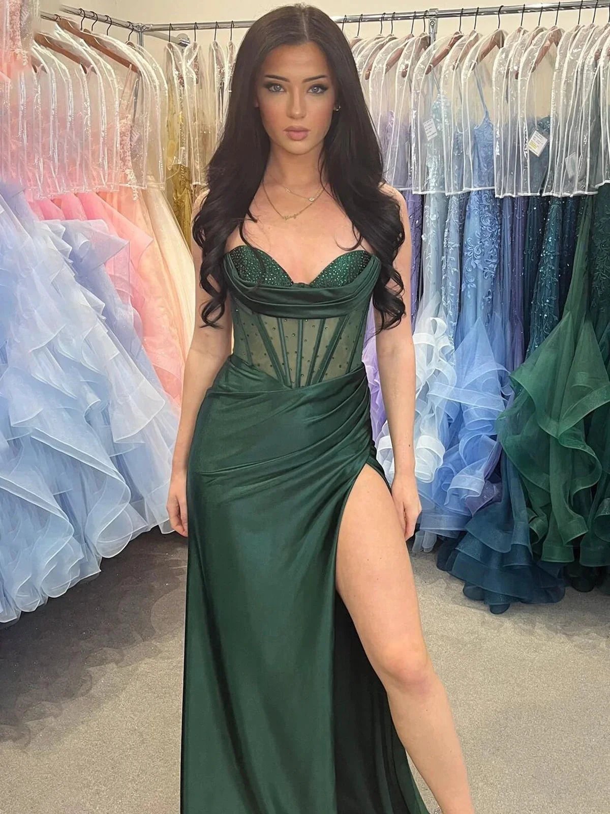 Genie | Sheer Corset Dark Green Beaded Mermaid Long Formal Dress
