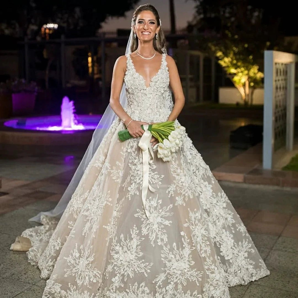 Glamorous Long A-line V-neck Lace Wedding Dress