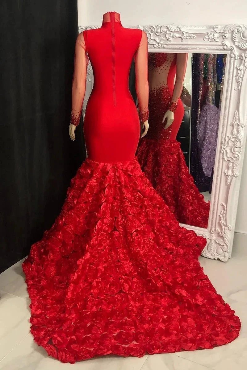 Glamorous Long Mermaid High Neck Flowers Sequined Prom Dress With Long Sleeves