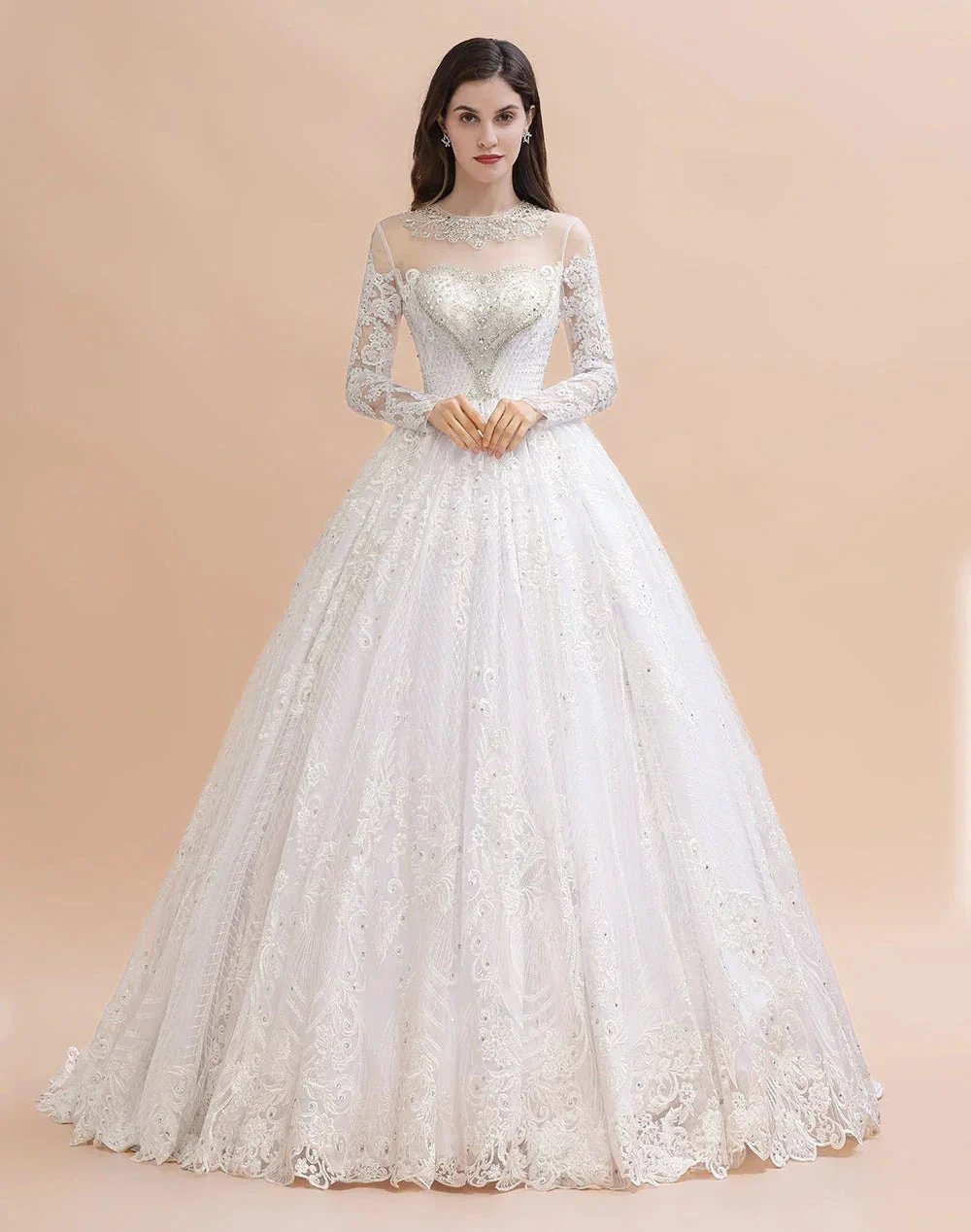 Glamorous Long Sleeve Beads White/Ivory Lace Appliques Wedding Dress