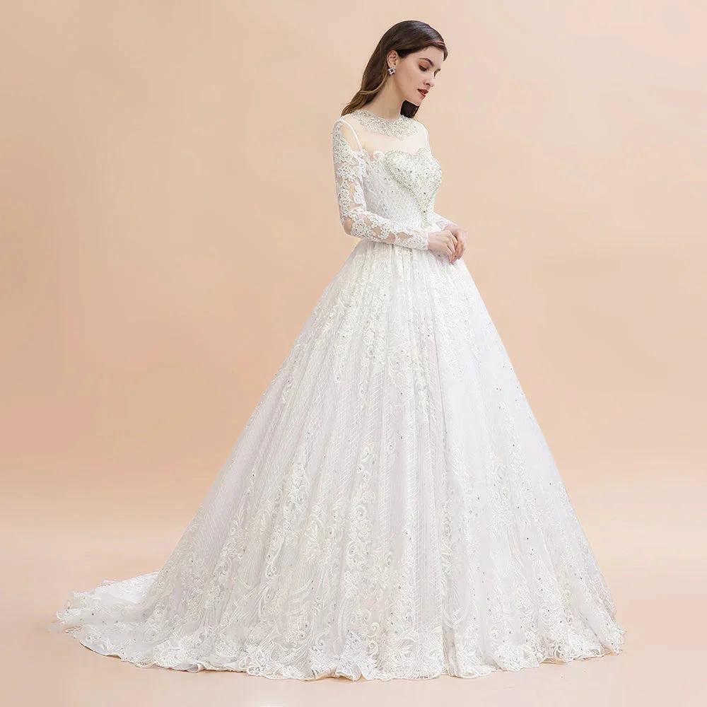 Glamorous Long Sleeve Beads White/Ivory Lace Appliques Wedding Dress