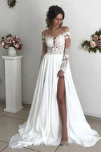 Glamorous Long Sleeve Lace Wedding Dresses | Chiffon Bridal Gowns With Slit