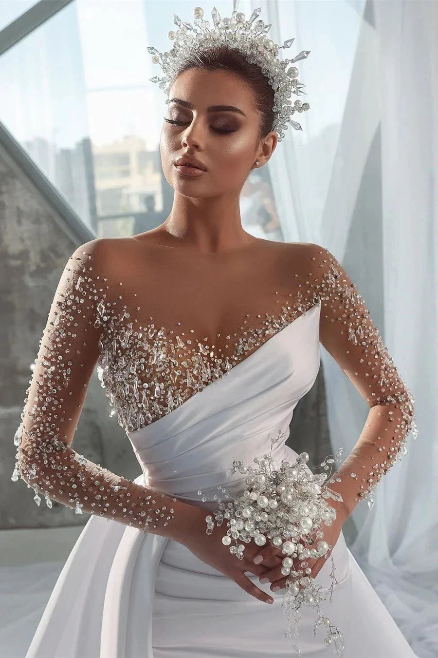 Glamorous Long White Long Sleeves Satin Crystal Wedding Dress With Detachable Train