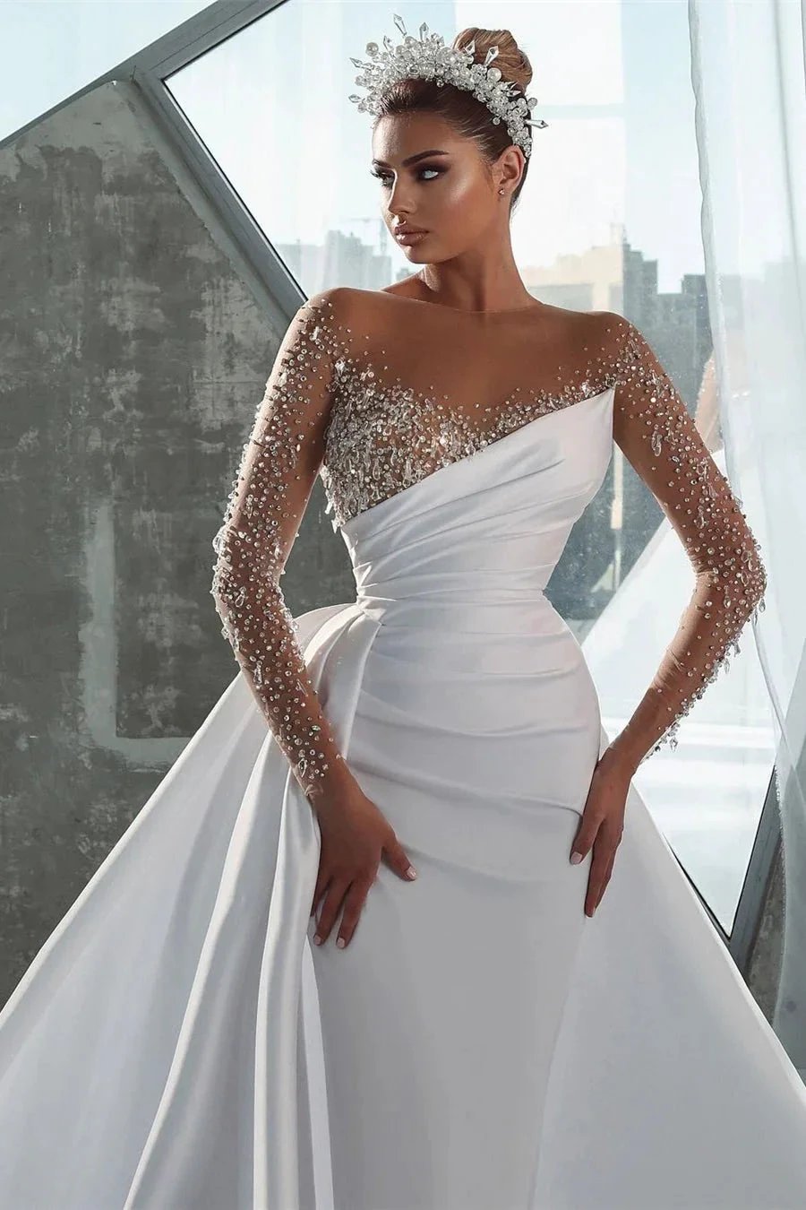 Glamorous Long White Long Sleeves Satin Crystal Wedding Dress With Detachable Train