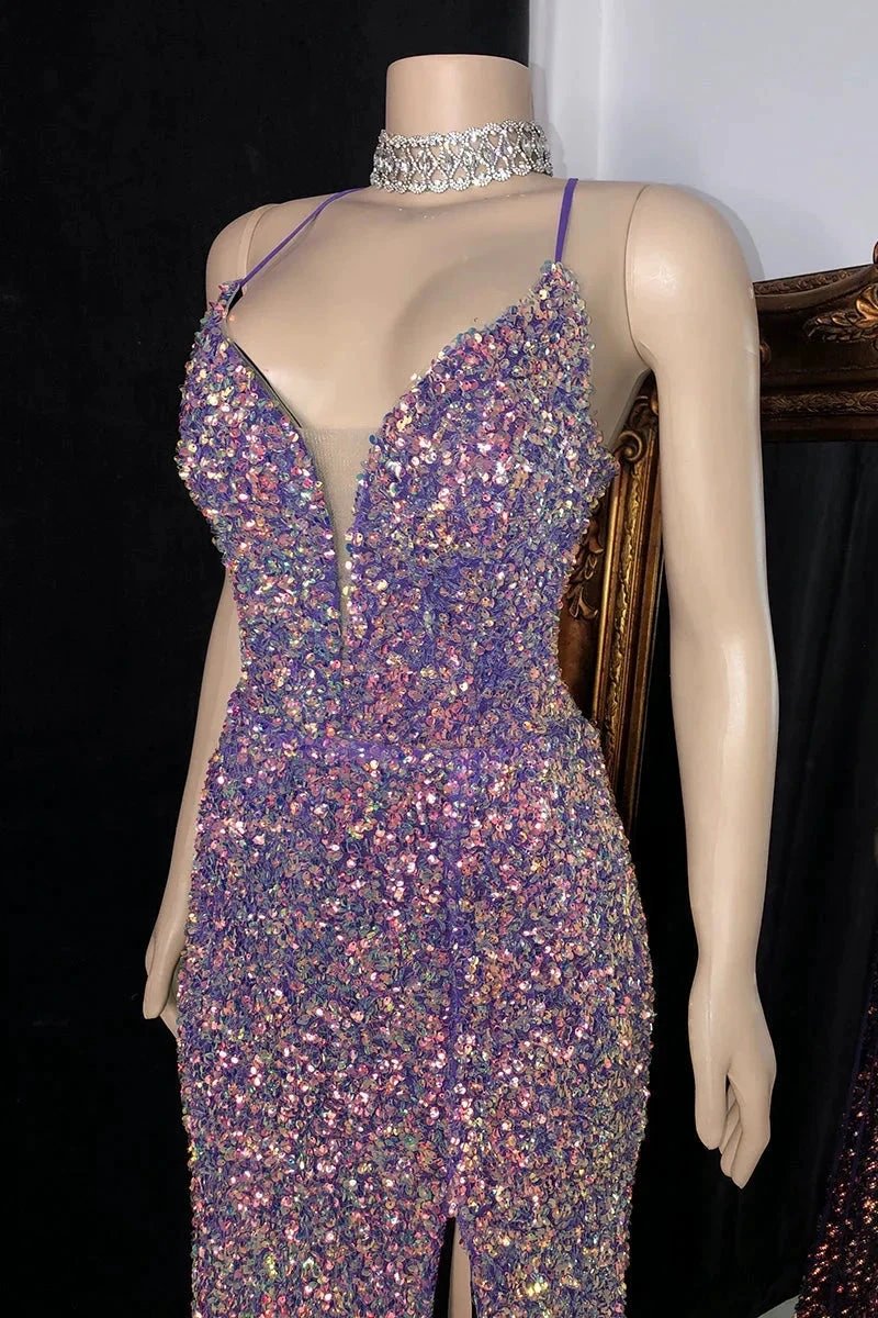 Glamorous Spaghetti Straps V-neck Sequined Sleeveless Prom Dress With Slit