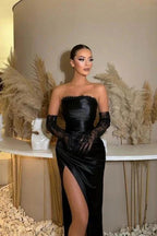Glamorous strapless mermaid column satin evening dresses ruffles