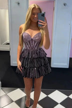 Glitter Black Strapless A-Line Corset Short Homecoming Dress with Beading