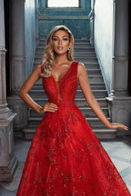 Glitter Long A-line V-neck Lace Tulle Red Prom Dress