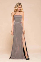 Glitter Strapless Floor Length Prom Dress Sleeveless Split Slit Evening Gown
